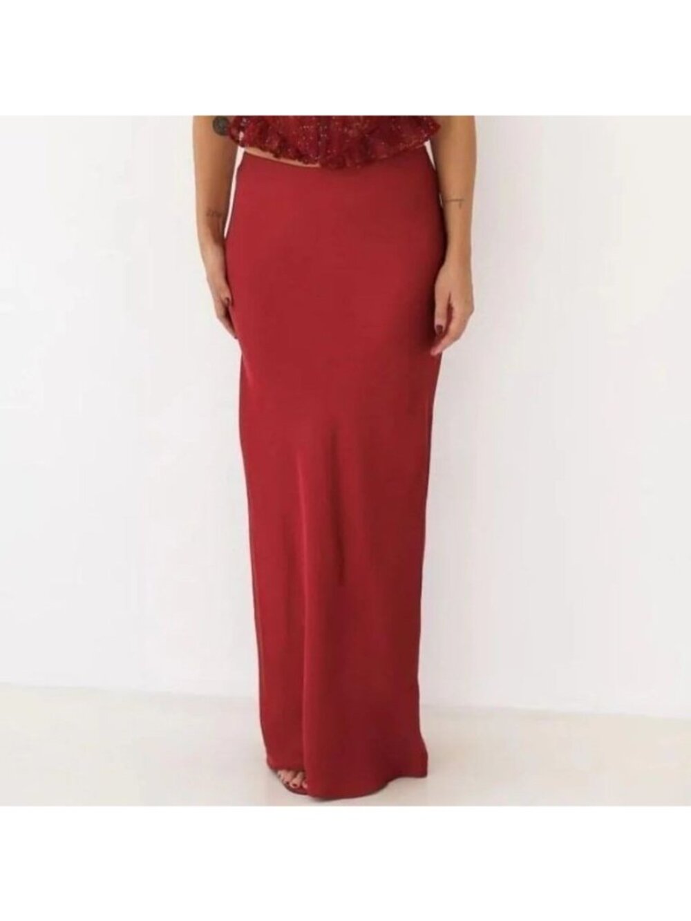 Rumored Archive Bias Maxi Skirt Womens XS Crimson Red Satin Slip Skirt 90s Style - Picture 2 of 6